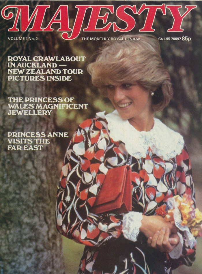 Diana, Princess of Wales, wears a dress in Poppy print for Majesty magazine in 1984