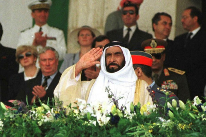Sheikh Zayed bin sultan al-Nahyan, the UAE’s founding father, salutes his military forces at a parade in Abu Dhabi in 1996