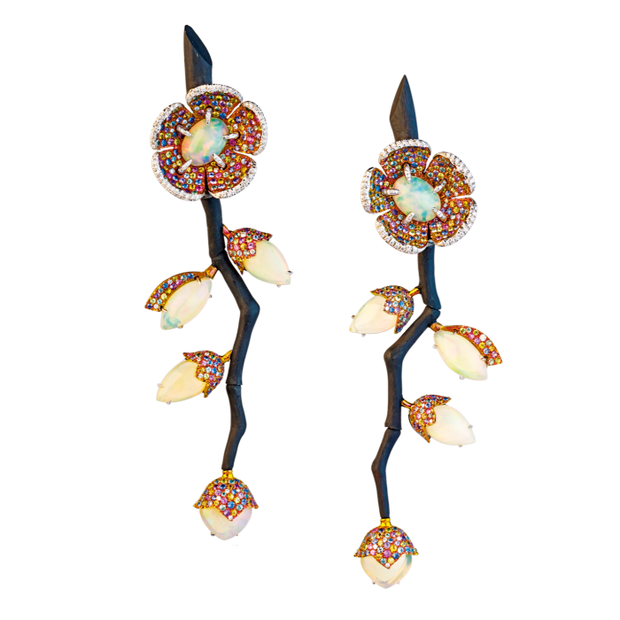 Fabio Salini titanium, diamond, opal and fancy-sapphire flower earrings with carbon fibre branches. Estimate: £50,000-£60,000