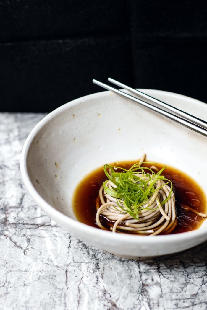 Buckwheat noodles with mushroom dashi and smoked soy