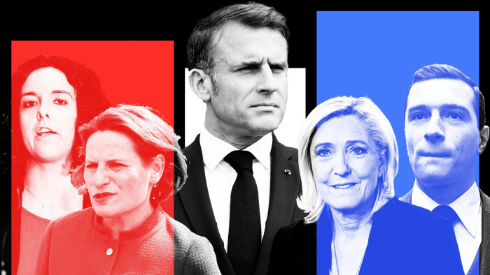 Montage featuring Manon Aubry, Valérie Rabault, Emmanuel Macron, Marine Le Pen, Jordan Bardella