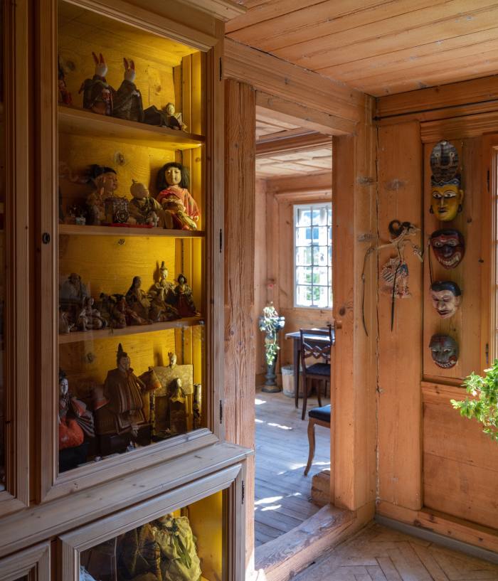 The glass-fronted cabinet with her parents’ doll collection – some of them were made by Setsuko