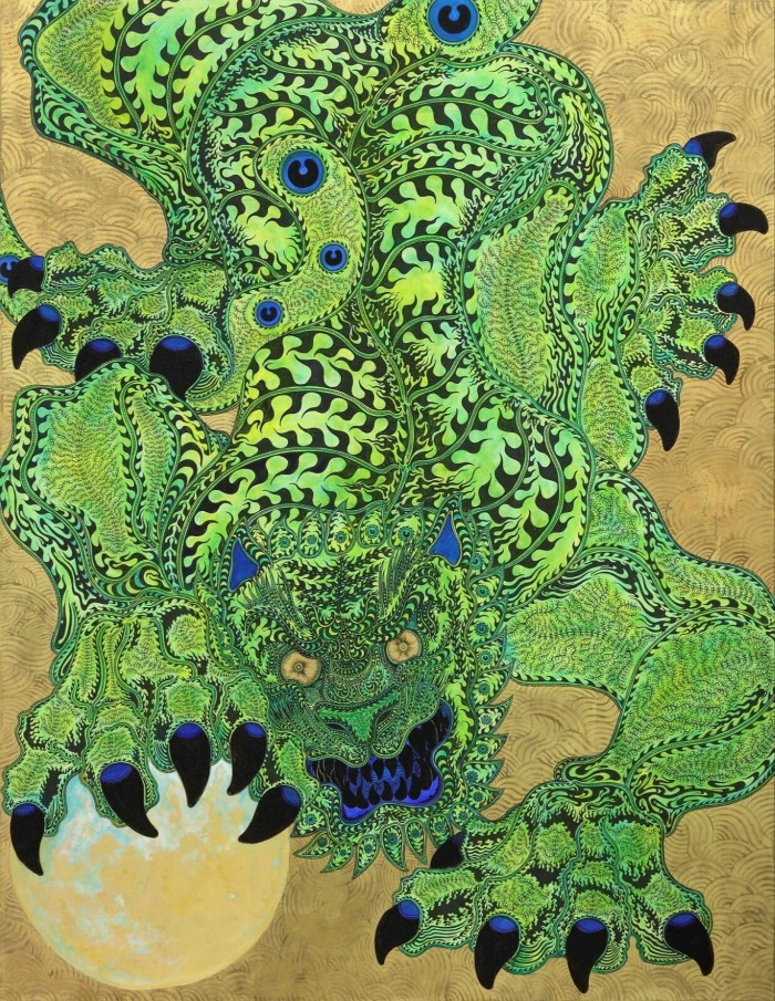 Painting of a green scaly dragon looming down the canvas at the viewer