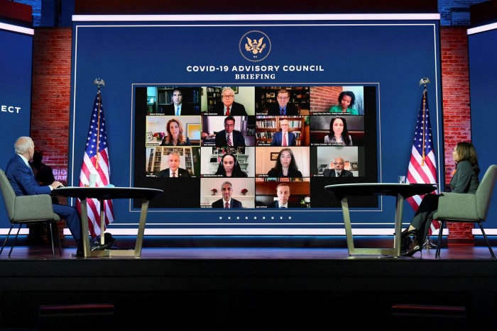 Joe Biden and Kamala Harris speak with the Covid-19 Advisory Council during a briefing on November 9 in Wilmington, Delaware