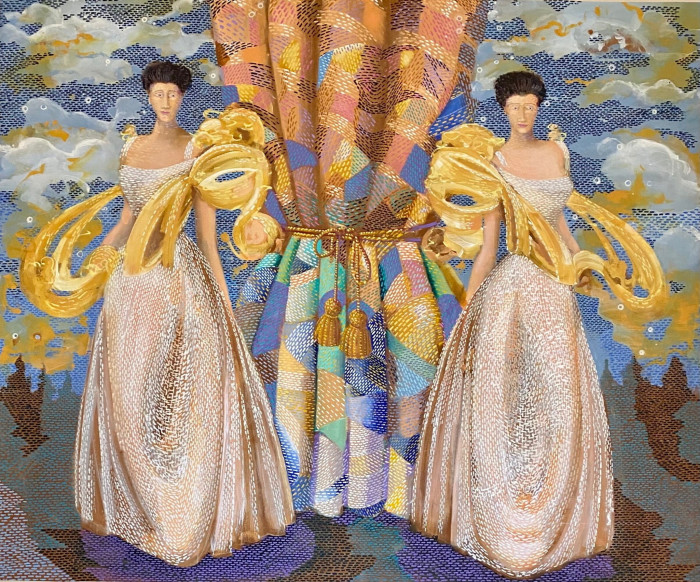 In a painting, the same young, dark-haired woman is captured mirrored in a specular way. Both women wear a low-necked ivory dress with a golden shawl while standing at either side of a colourful patchwork curtain hanging in the centre of a rural landscape.