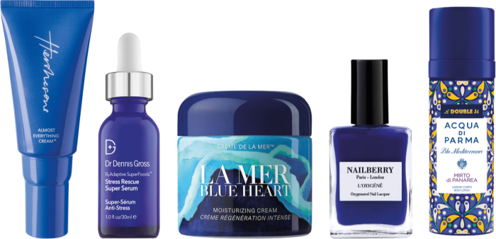 From left: Hershesons Almost Everything Cream for hair, £10 for 50ml. Dr Dennis Gross B3 Adaptive SuperFoods Stress Rescue Super serum, £75 for 30ml, harveynichols.com. La Mer limited-edition Blue Heart Crème de la Mer, £355 for 100ml. Nailberry nail varnish in Maliblue, £15. Acqua di Parma Blu Mediterraneo by La Double J Mirto di Panarea body lotion, £42 for 150ml, johnlewis.com