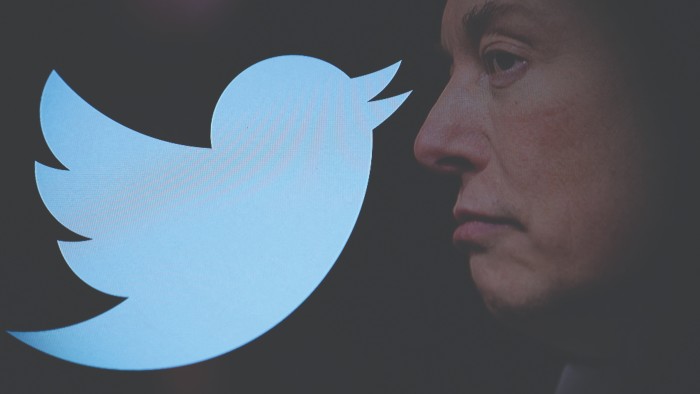 The Twitter logo beside the side profile of a serious-looking Elon Musk