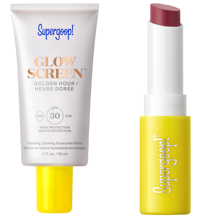 Supergoop! Glowscreen SPF30, £35 for 50ml, and Lipshade SPF 30, $24