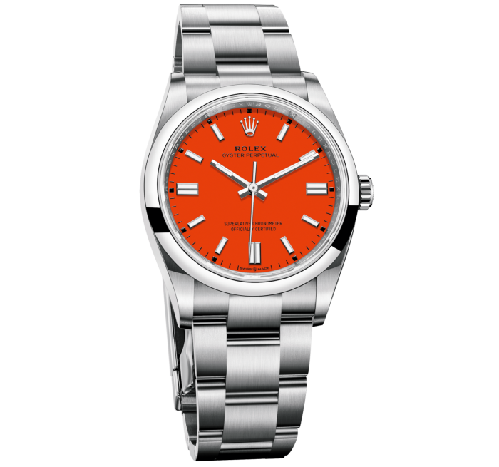 Rolex steel Oyster Perpetual 36 watch in coral, £4,450