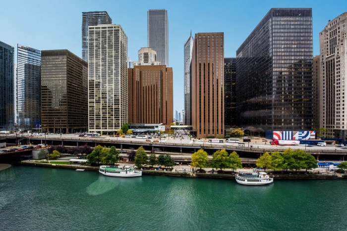 The Hyatt Regency hotel (centre) on the Chicago river. The chain was founded by the city’s Pritzker family
