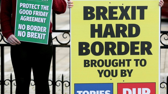 Anti-Brexit placards during a rally in Belfast in 2018