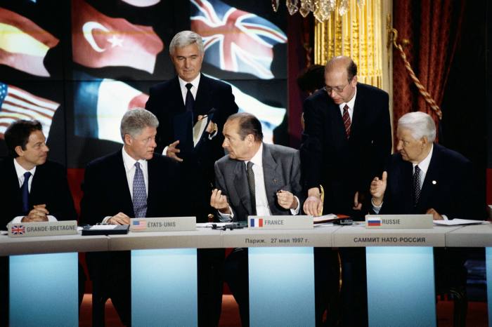 The 1997 signing of the Nato expansion agreement with (from left) UK prime minister Tony Blair, Bill Clinton, French president Jacques Chirac and Russian president Boris Yeltsin