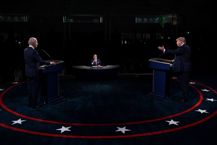 Donald Trump, right, faces his presidential opponent Joe Biden in last month’s TV debate moderated by Fox News host Chris Wallace. “This is probably the most polarised American climate since the build-up to 1860,” says Preet Bharara, a former Democratic US attorney for New York
