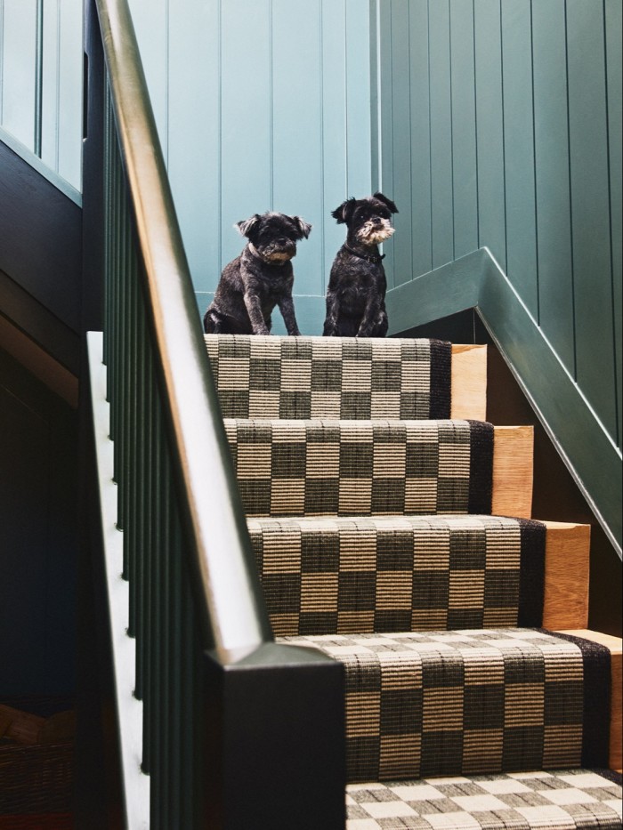 Arthur and Rudi, two of the couple’s three dogs, on the staircase – the runner is by Fleetwood Fox