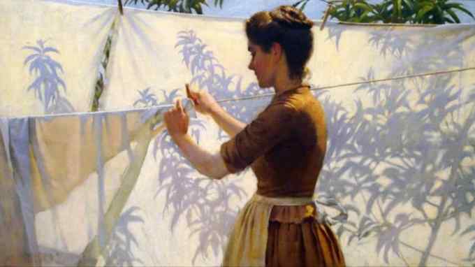 Painting of a young woman pinning sheets on a washing line on a sunny day. The shadows of leaves pattern the white sheets