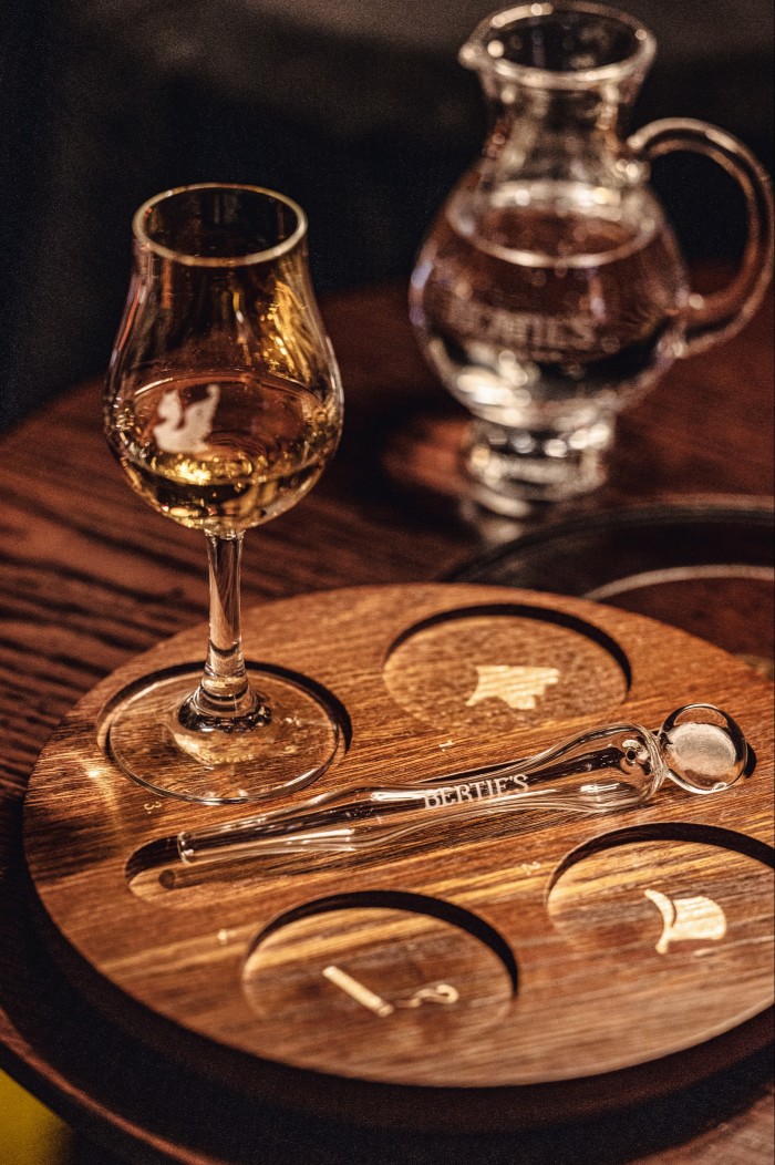 The bar features whiskies from around the world, as well as rarities 