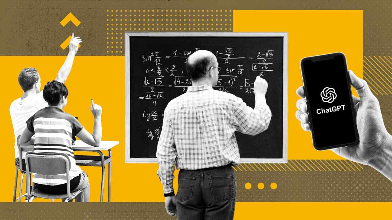 Against a yellow background, the image is a collage of two students on their desks, a teacher writing on a chalkboard, and a hand holding a phone showing the ChatGPT icon