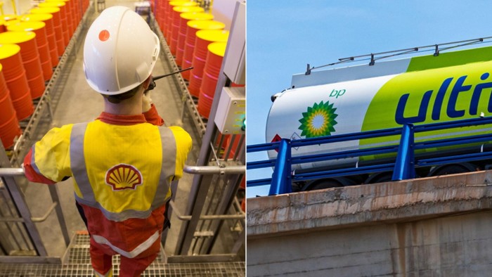 Montage of a Shell worker and a BPoil tanker