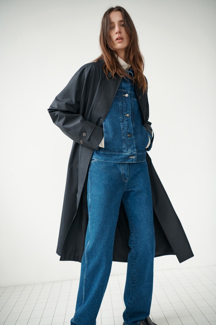 Studio Nicholson denim Tahoe jacket, £525, denim Aral trousers, £375, and cotton-mix Holin coat, £595