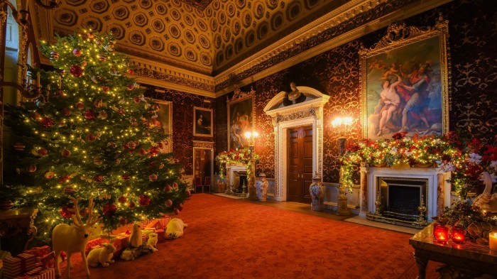A stateroom decorated for Christmas at Holkham Hall in Norfolk