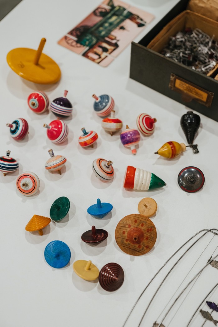 A collection of spinning tops that inspired Ray and Charles Eames