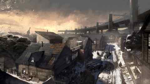 A video game scene depicting a rundown port town
