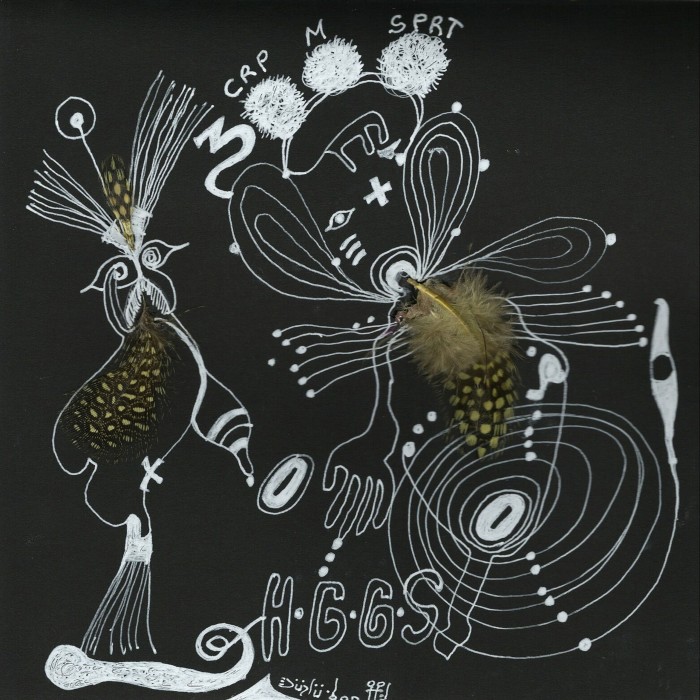 White ink drawings of outsized insects on black background 