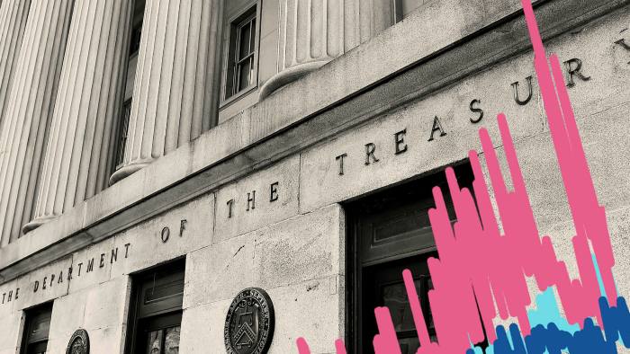 A montage of the US Treasury building and a chart 