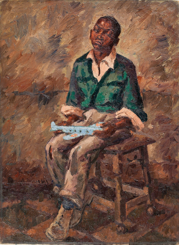 In a painting, a young boy in a green cardigan, white shirt and brown trousers and boots sits on a wooden stool holding a blue toy plane in his left hand