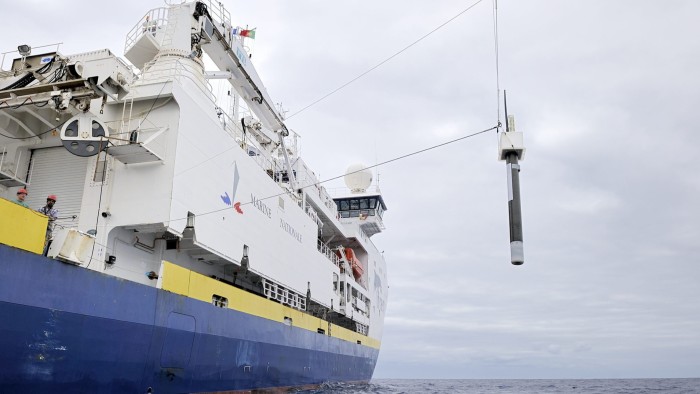 A vessel deploys a robotic data-gathering gadget