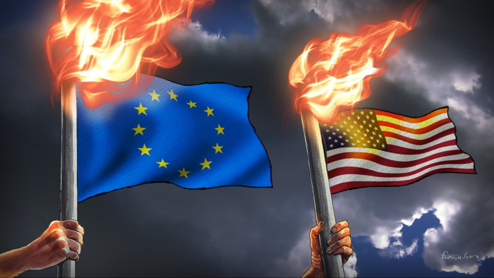 James Ferguson illustration of flagpoles as flaming torches, one carrying the EU flag and the other the US flag.