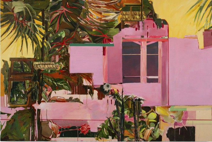 Collage painting of pink and yellow residence walls and foliage