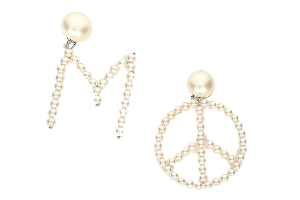 Moschino pearl M earring, £186, and peace earring, £106