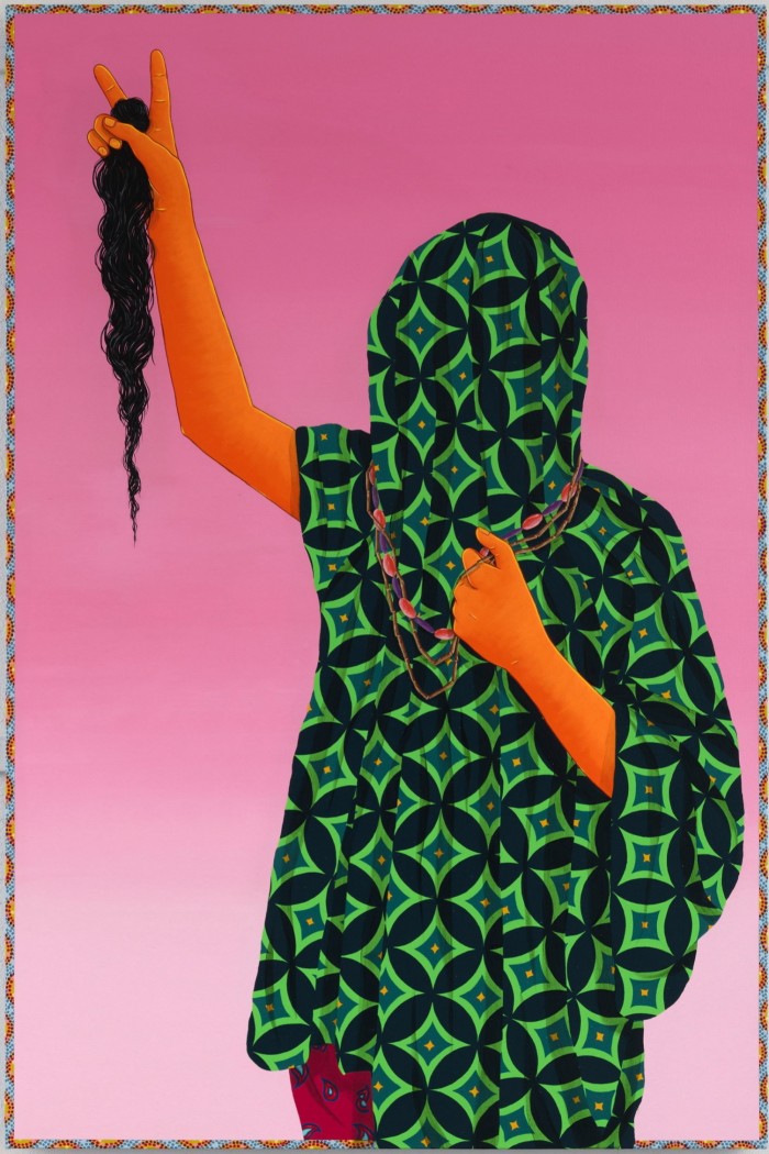 Paintings of people covered in bright prints holding up cut-off ponytails