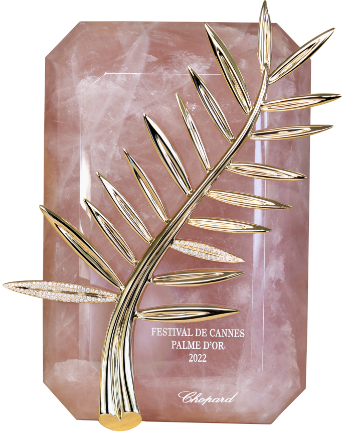 The redesigned Palme d’Or sits on a rose quartz base and is adorned with 100 diamonds