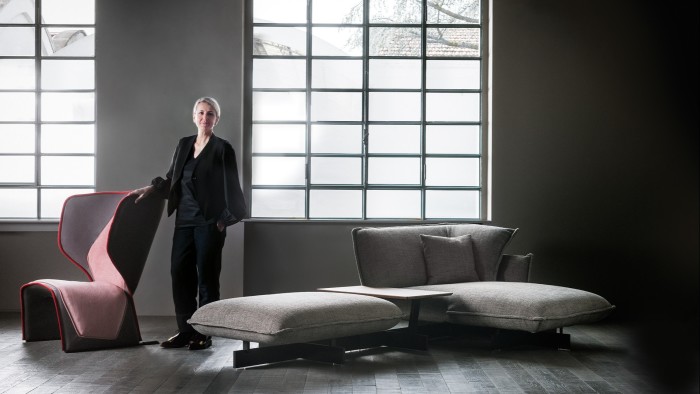 Recently appointed Cassina art director Patricia Urquiola at the brand’s showroom in Meda, with her new leather and fabric Gender armchair and Beam sofa system, both price on request