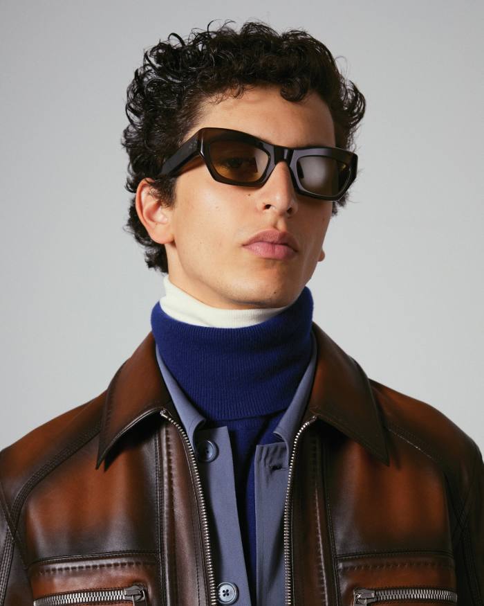 Berluti leather jacket, £5,750. Paul Smith cotton jacket, £450, and cashmere turtleneck, £215. Tod’s cashmere turtleneck (just seen), £450. Port Tanger acetate Ayreen sunglasses, £250
