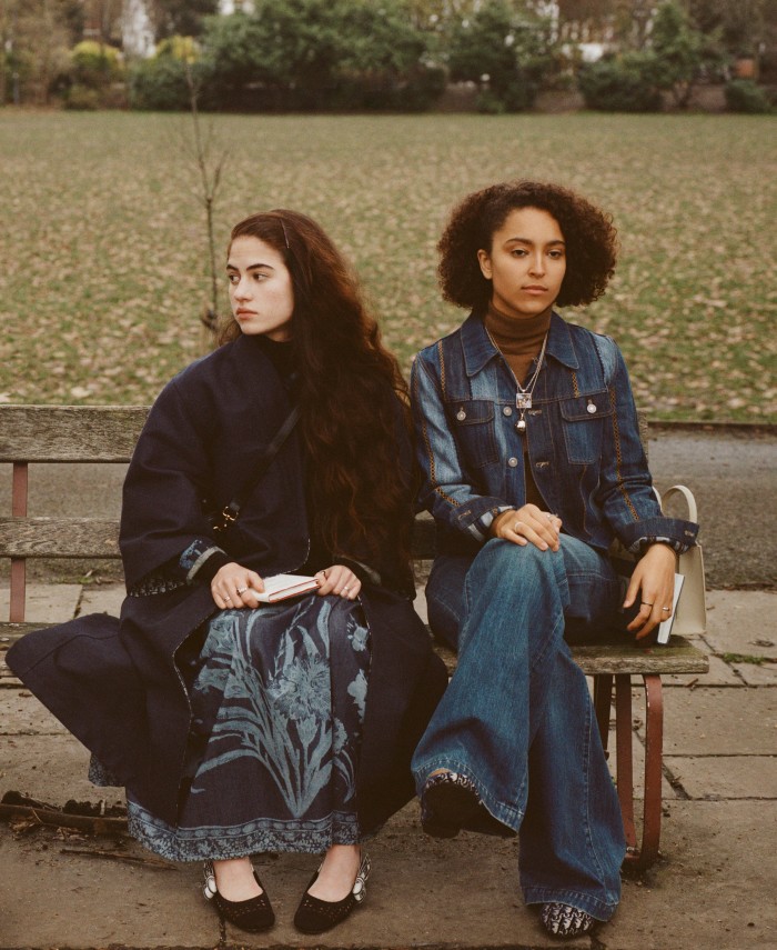Dreamy, dramatic denim is newly elevated for day. Iris (near right) wears Dior cotton coat, €4,600, cotton-denim Dior Jardin jacket, €1,650, and matching skirt, €1,500, embroidered Dior & Moi slingbacks, €890, and calfskin Bobby bag, POA. Savannah Acquah (far right) wears Dior patchwork denim jacket, €3,600, denim jeans, POA, embroidered velvet Dior Poème shoes, €890, and calfskin St Honoré bag, €3,400. Ralph Lauren Collection cashmere sweater, £740. Rings and necklaces, models’ own