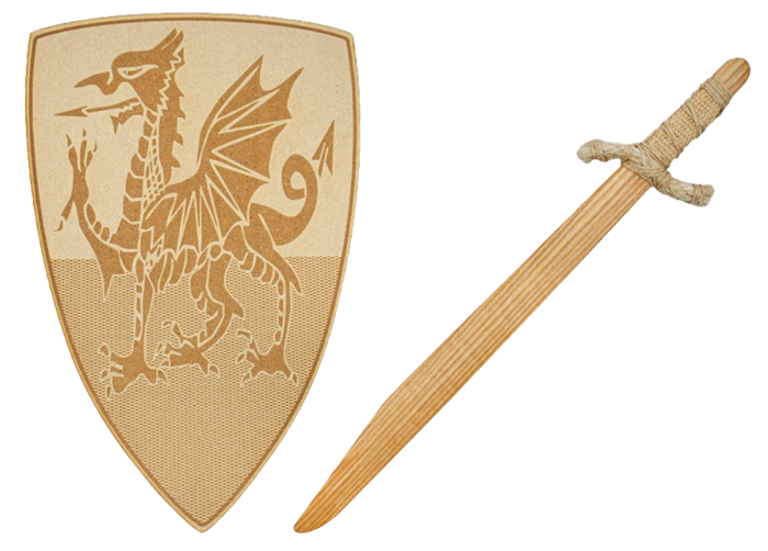 Welsh Falchion Sword, £8.99, and Pembroke Dragon Shield, £16, theknightshop.com