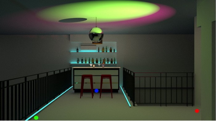 A photograph of a small bar with two bar stools in front of it. The room is dark except for blue strip lights and a green and purple shadow cast on the ceiling