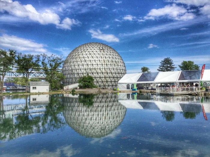 The geodome of the 1970s-built Ontario Place events venue, also reflected in a lake in front of it