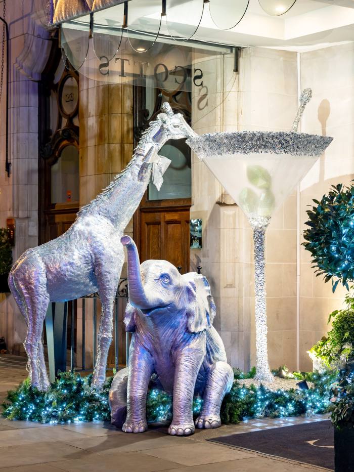 The parade of animal sculptures on the terrace at Scott’s Mayfair