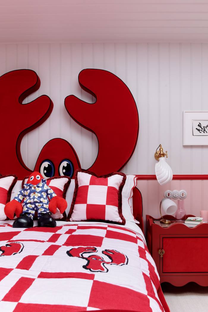 Buchanan Studio x Philip Colbert lobster bed, upholstered by Ben Whistler and with bedlinen by Buchanan Studio. The bedside table is designed by Buchanan Studio and made by Ben Whistler. The print above is Lobsters by Andy Warhol