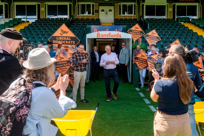 Ed Davey supporting Lib Dem candidate, Adam Dance at Yeovil FC’s Huish Park football ground in Somerset