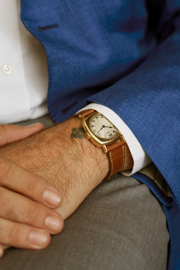 Bernardini wears a unique 1930s cushion-shaped Patek Philippe, from his personal collection