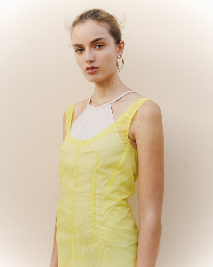 Sportmax organza double-layered dress, £705. Completedworks gold vermeil earring, £250 for pair