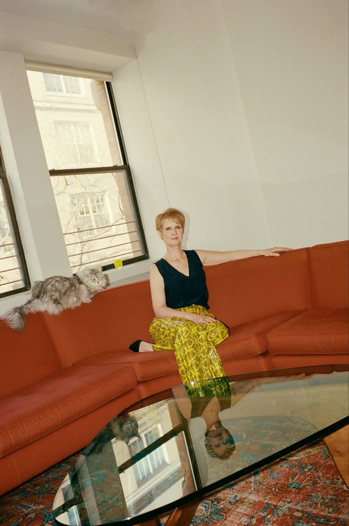 Cynthia Nixon at home in New York with her cat Aurora
