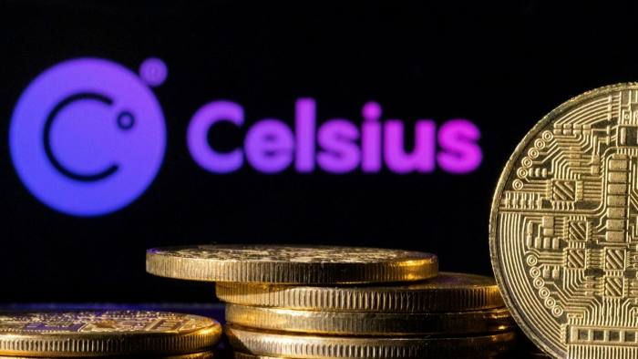 The Celsius logo and representations of cryptocurrencies
