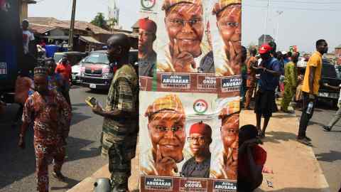 Posters backing opposition candidate Atiku Abubakar on display in southwest Nigeria ahead of the country’s presidential election