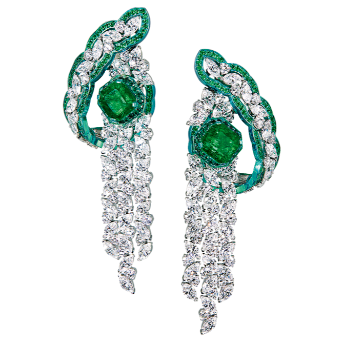 Moussaieff white-gold, green-titanium, diamond and emerald earrings, POA